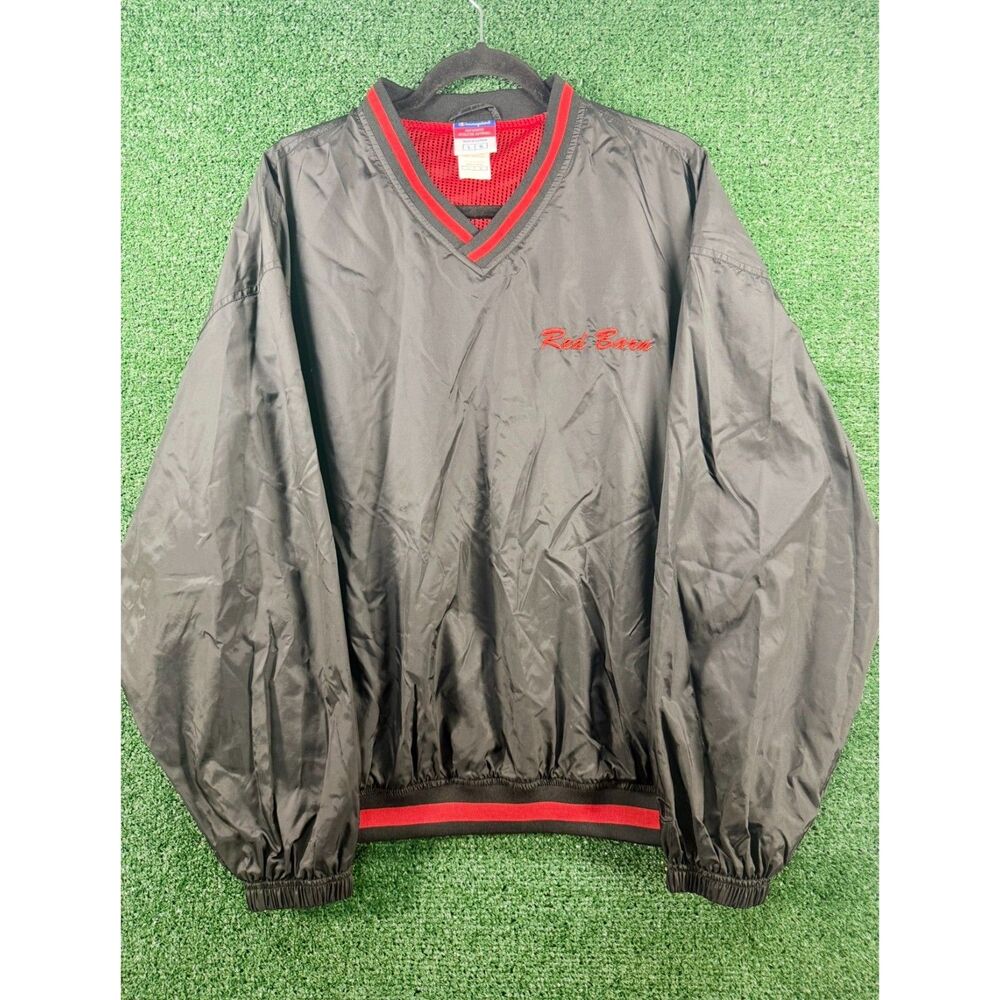 Champion Pullover Windbreaker Jacket Mens L Black Red V Neck Mesh Lined